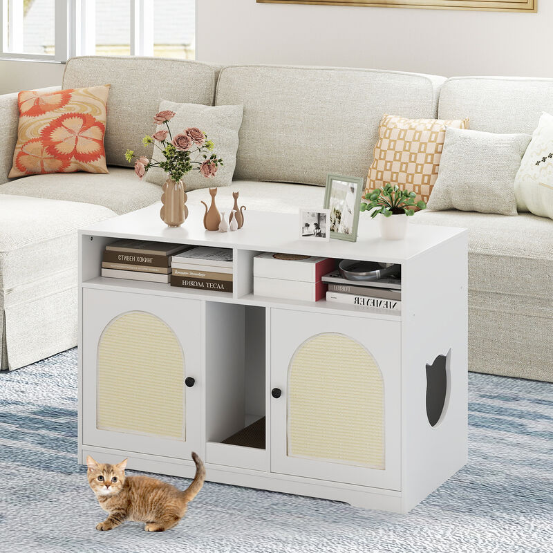 Hidden Cat Litter Box Enclosure with Storage and Double Rooms-White image number 1