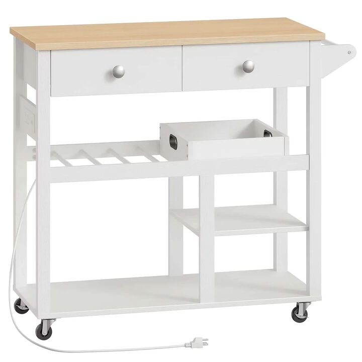 Rolling Kitchen Island with Storage Drawers and Built-In Charging Station- White