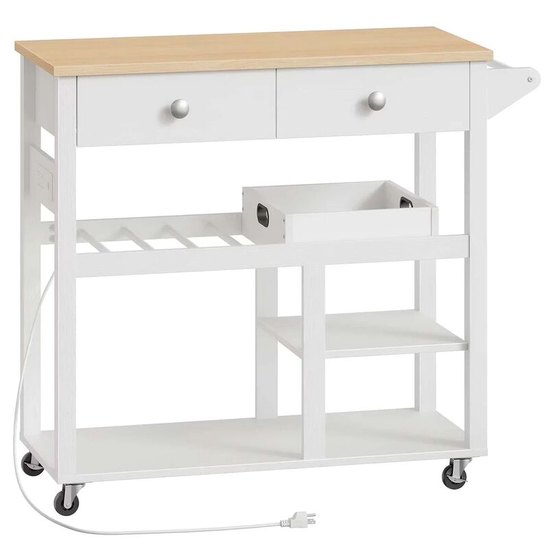 Rolling Kitchen Island with Storage Drawers and Built-In Charging Station- White image number 0