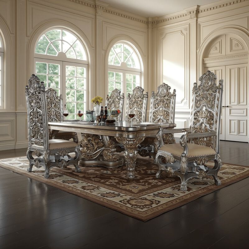 Mas Dining Table, Classical Carved Design, Champagne Gold, 110 Inch