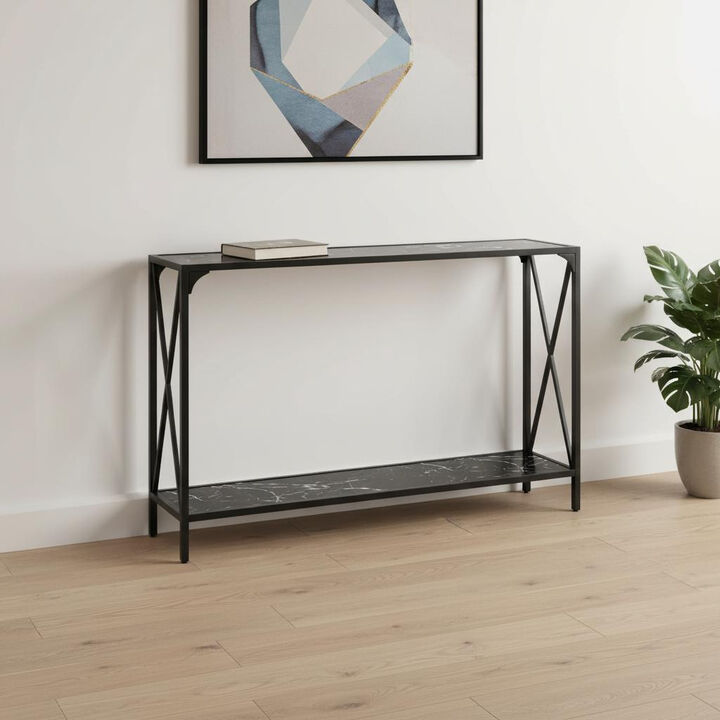 HomeRoots 48" Black Wood and Metal Faux Marble Console Table With Shelf