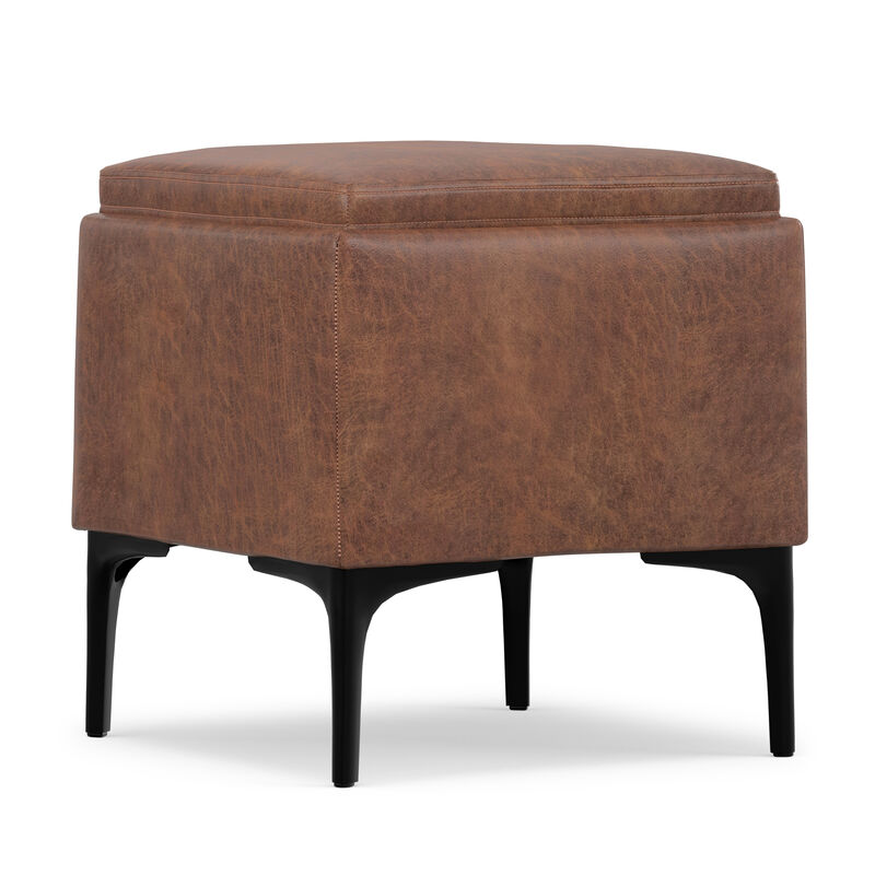 Natasha 18 inch Wide Contemporary Square Mid&nbsp;Century Storage Ottoman with Tray in Distressed Saddle Brown  Vegan Faux Leather, Assembled image number 6