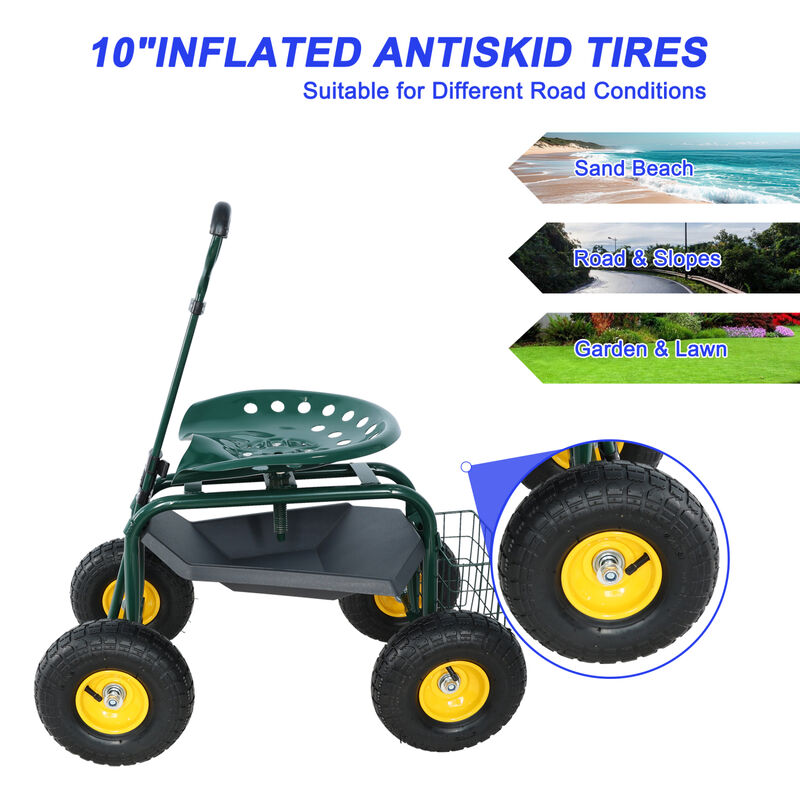 Streamdale Garden Trolley: Rolling Stool with Handle and Tray