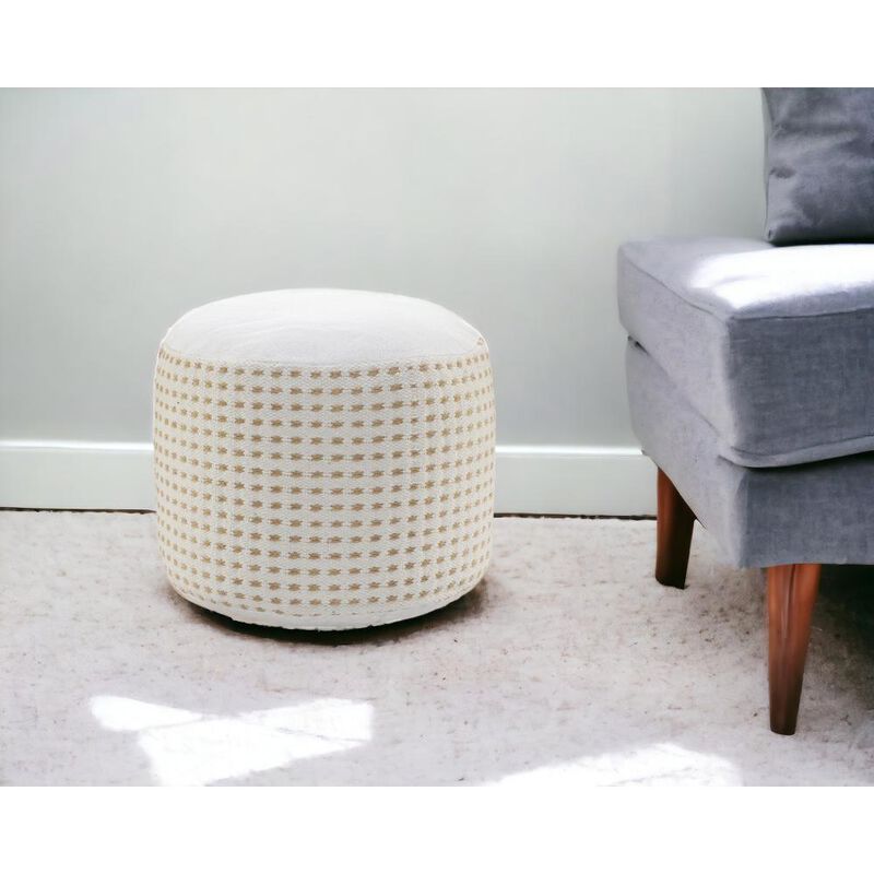 Hivvago 18 Inch White Jute Blend Round Geometric Pouf Ottoman