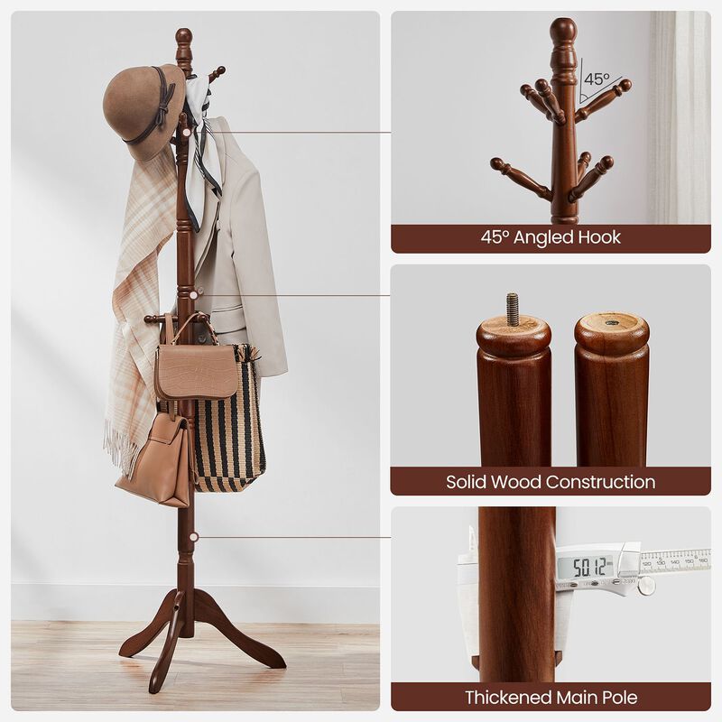 Solid Wood Coat Rack Stand with 10 Hooks - Freestanding Hall Tree