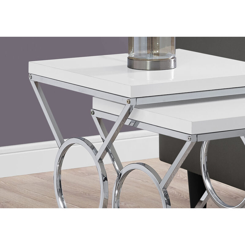 Monarch Specialties I 3401 Nesting Table, Set Of 2, Side, End, Accent, Living Room, Bedroom, Metal, Laminate, Glossy White, Chrome, Contemporary, Modern