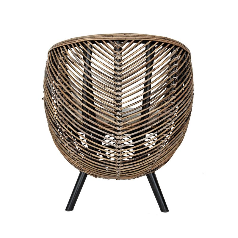 27 Inch Accent Chair, Rattan Frame, Curved Round Silhouette, Brown, Black-Benzara