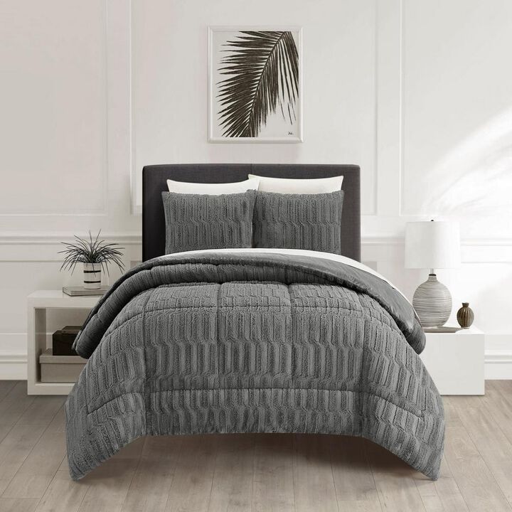 Chic Home Pacifica Comforter Set Textured Geometric Pattern Faux Rabbit Fur Micro-Mink Backing Bedding - Pillow Shams Included - 3 Piece - King 104x92", Grey