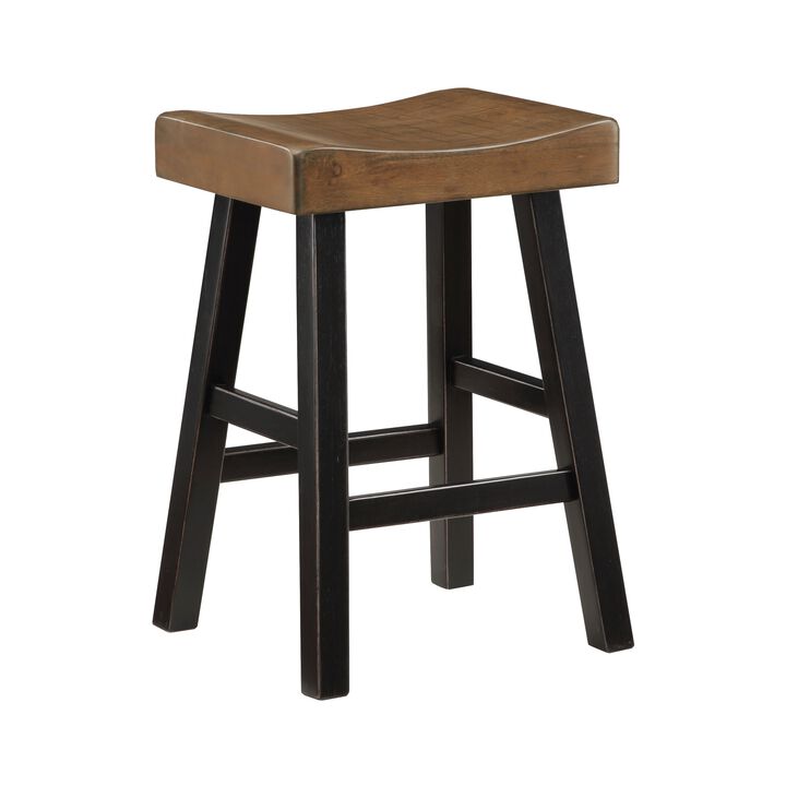 Casy 25 Inch Counter Height Stool, Brown Saddle Seat, Black, Set of 2