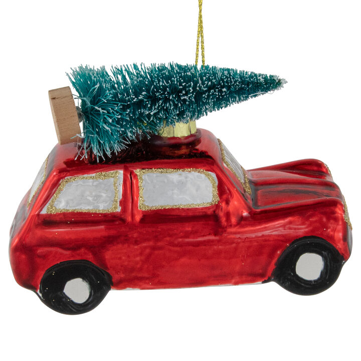 3.5" Red Station Wagon with Tree Glass Christmas Ornament
