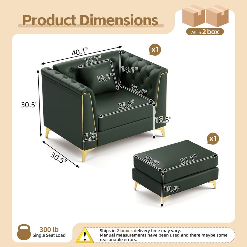 Modular Chesterfield Sofa Chair with Ottoman, Faux Leather Tufted Seating for Apartment, Metal Trim Arms and Tapered Legs image number 2