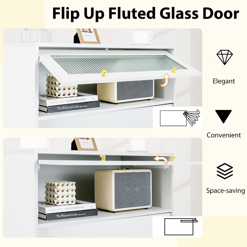 4-Drawer Modern Side Cabinet with Flip-Up Fluted Glass Front