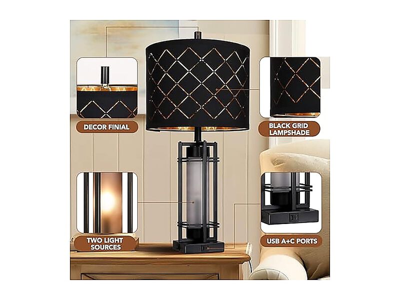 Modern Table Lamp Set 2 Nightstand Lamps Black Grid Shade Bedside USB Charging image number 3