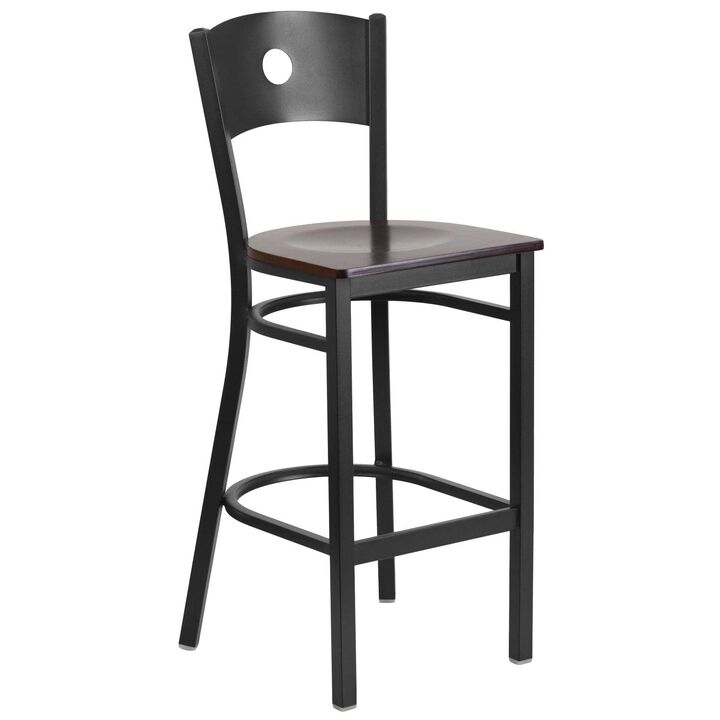 Flash Furniture HERCULES Series Black Circle Back Metal Restaurant Barstool - Walnut Wood Seat