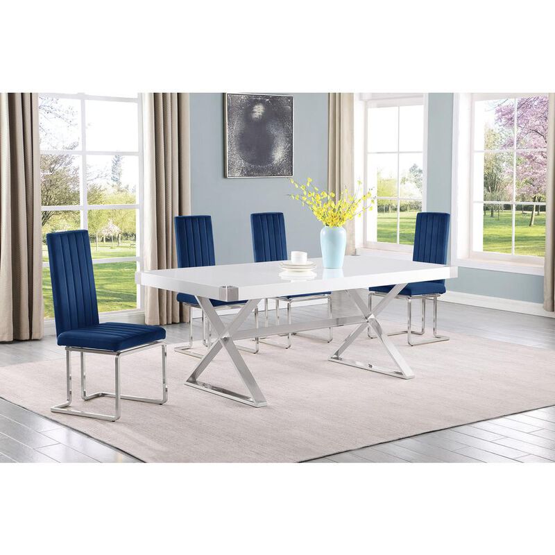 Best Quality Furniture 5pc Small(78) white wood top dining set with silver base and 4 chairs