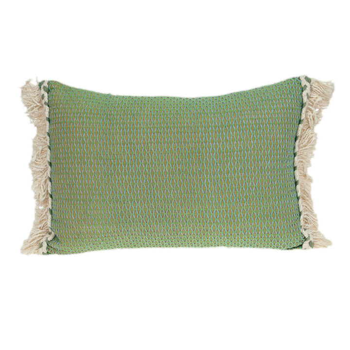 HomeRoots 14" X 20" Green And Beige Cotton Lumbar Throw Pillow with Embroidery and Fringe