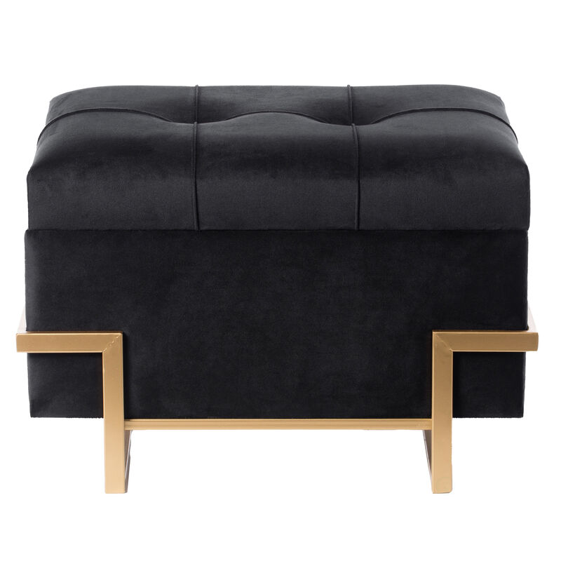Rectangular Velvet Storage Ottoman with Gold Legs, Black
