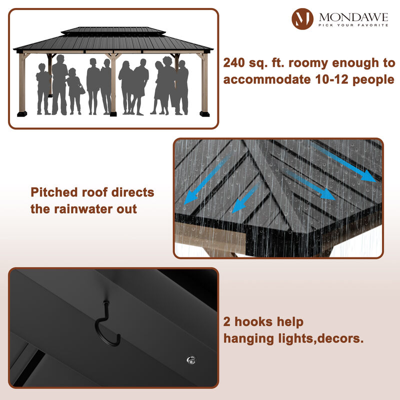 Mondawe 12 ft. x 20 ft. Outdoor Cedar Wood Frame Hardtop Gazebo Double Galvanized Steel Roof