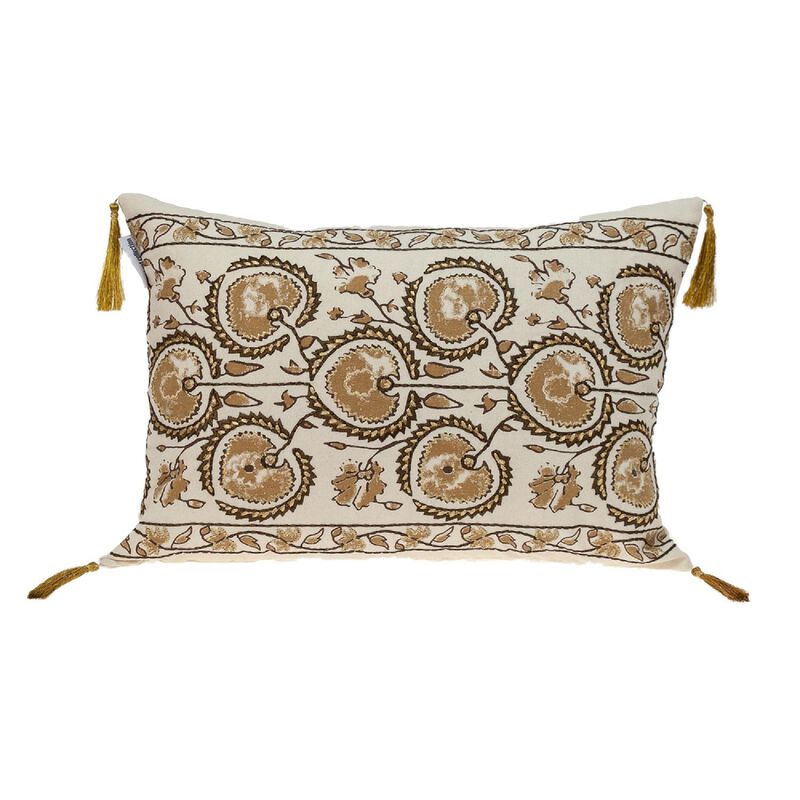 20" Beige and Gold Embroidered Decorative Lumbar Throw Pillow