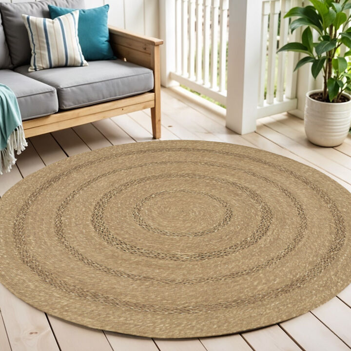 HomeRoots 5' Natural And Brown Round Handmade Indoor Outdoor Area Rug