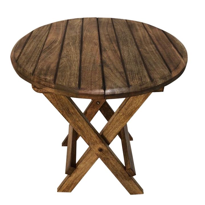 Farmhouse Wooden Round Folding Chair Side End Table with Planked Top, Rustic Brown-Benzara