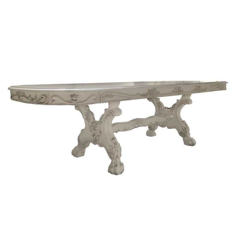 Ally Dining Table, Double Pedestal Base, Bone White Wood, 94-136 Inch - Benzara