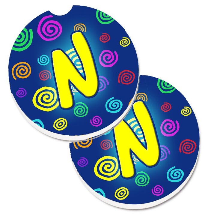 Caroline's Treasures Letter N Initial Monogram - Blue Swirls Set of 2 Cup Holder Car Coasters CJ1011-NCARC, 2.56, Multicolor
