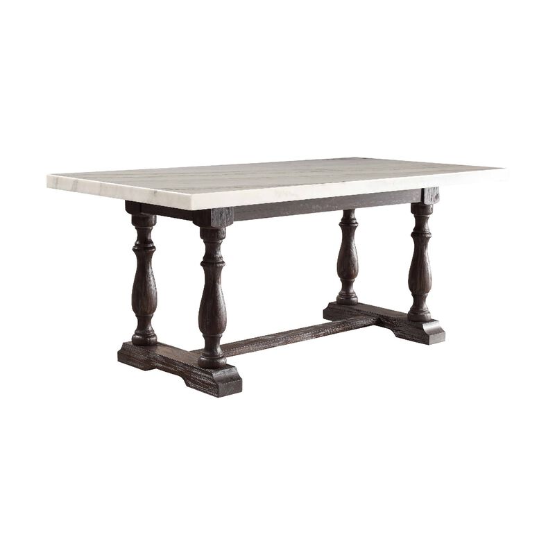 Wooden Dining Table with Marble Top , White and Brown - Benzara