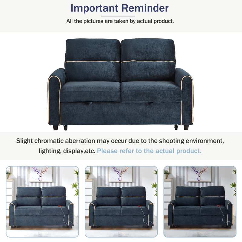 Merax Chenille Convertible Sofa Bed 3Level Adjustable Backrest with USB Ports & Storage Pockets