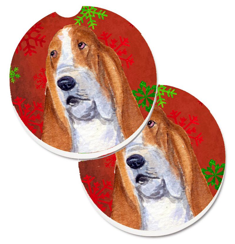 Caroline's Treasures Basset Hound Red & green Snowflakes Holiday Christmas Set of 2 Cup Holder Car Coasters SS4735CARC, 2.56, Multicolor image number 0