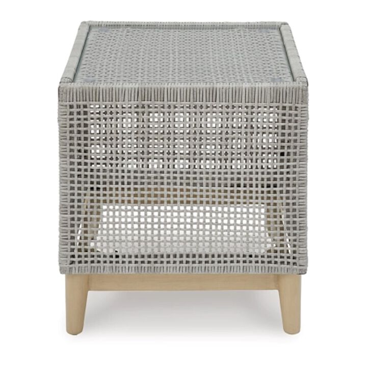 Yami 23 Inch Outdoor Side End Table, Resin Wicker, Tempered Glass Top, Gray - Benzara