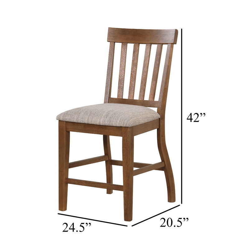 Counter Height Chair Set of 2, Brown Slatted Back, Gray Polyester image number 5