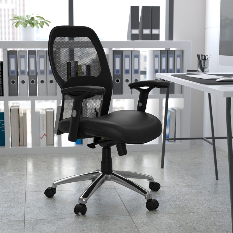 Albert Mid-Back Black Super Mesh Executive Swivel Office Chair with LeatherSoft Seat, Knee Tilt Control and Adjustable Lumbar & Arms image number 2