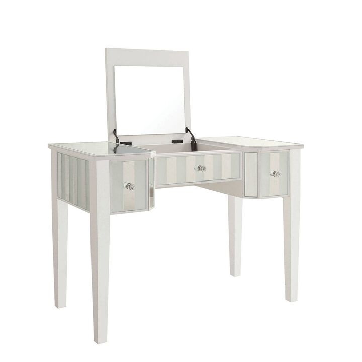 Wooden Vanity Set with Stool and Mirror Panel Inserts, White and Silver - Benzara