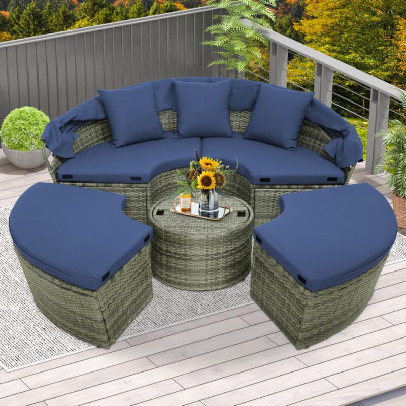 Hivvago Outdoor PE Wicker Round Daybed with Retractable Canopy and Cushions