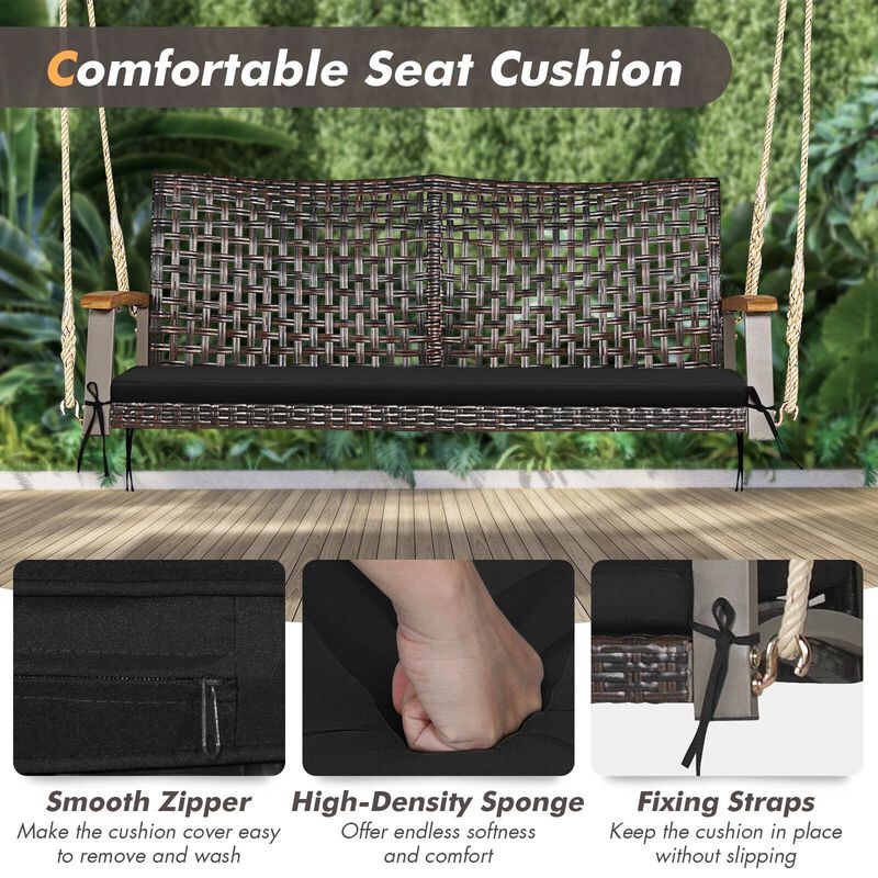 Mondawe 2-Person Rattan Hanging Porch Swing Chair with Loveseat Cushion