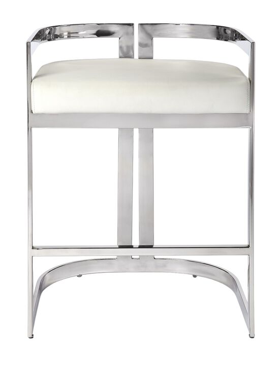 HomeRoots 28" White and Silver Stainless Steel and Iron Low Back Counter Height Bar Chair