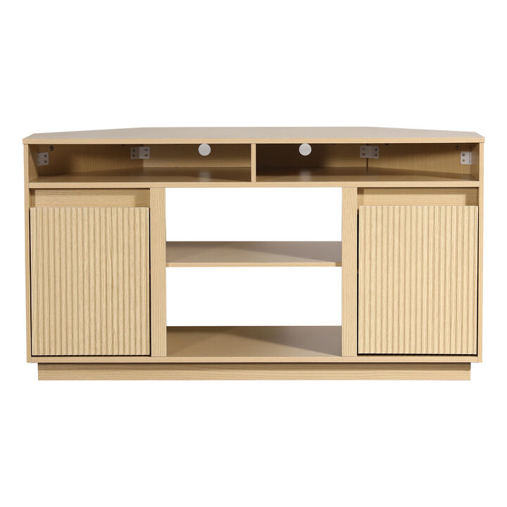 47" Modern Natural Oak Wood Fluted Door Corner TV Stand Media Console with Open Shelf and Cabinet for TVs up to 50"