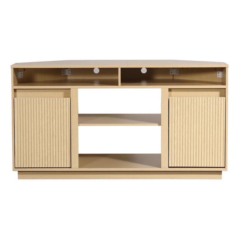 47" Modern Natural Oak Wood Fluted Door Corner TV Stand Media Console with Open Shelf and Cabinet for TVs up to 50" image number 0