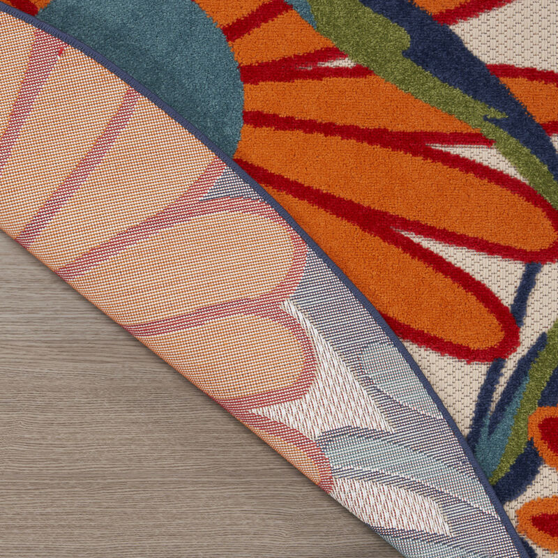 HomeRoots 4' Ivory Blue And Orange Round Floral Indoor Outdoor Area Rug image number 5