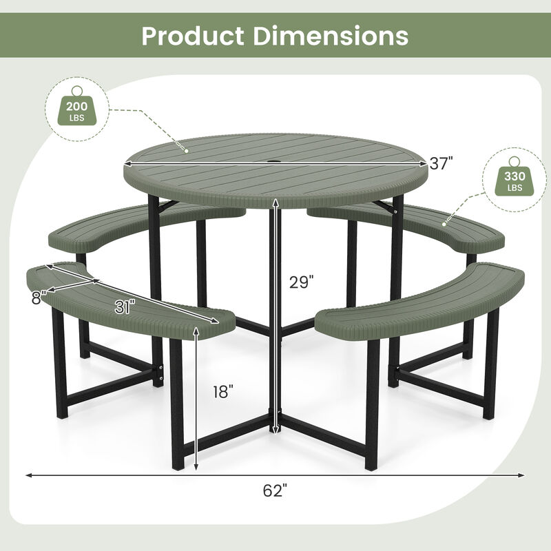 Round Picnic Table Set with 4 Benches and Umbrella Hole &ndash; Outdoor Patio Dining