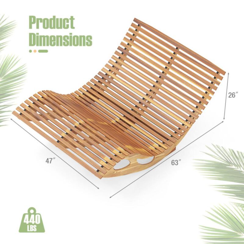 Hivvago Slatted Acacia 2-Seat Patio Dual Rocker Sunbed Wood Lounger with Ergonomic Curved Seat