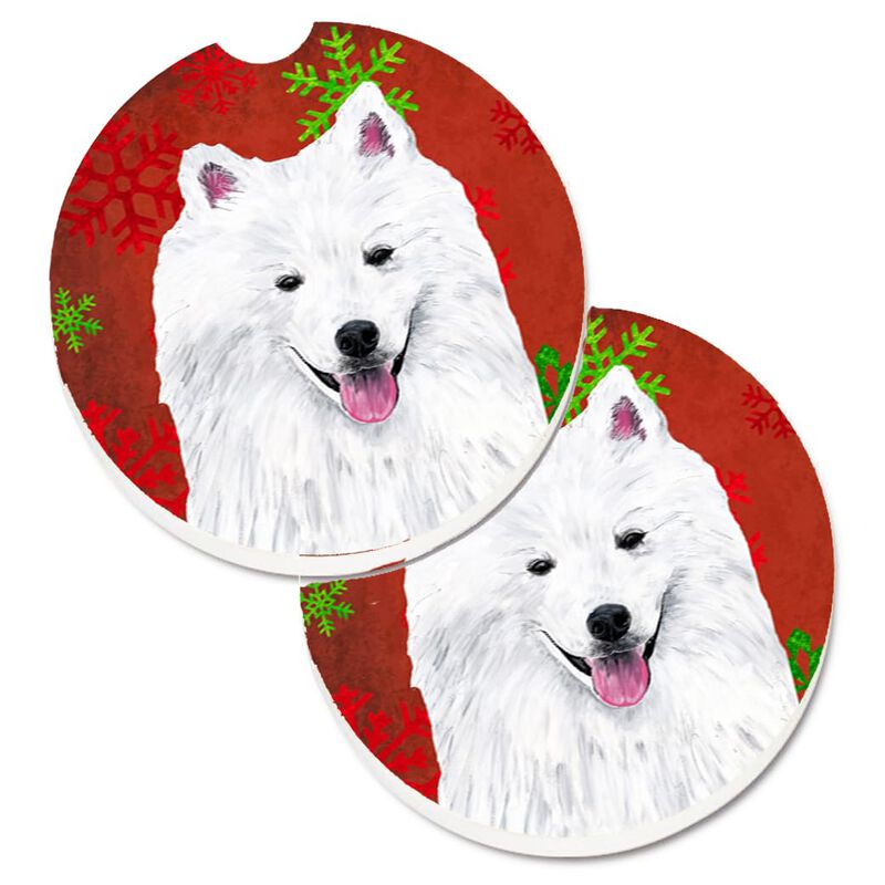 Caroline's Treasures American Eskimo Red & green Snowflakes Holiday Christmas Set of 2 Cup Holder Car Coasters SC9419CARC, 2.56, Multicolor image number 0