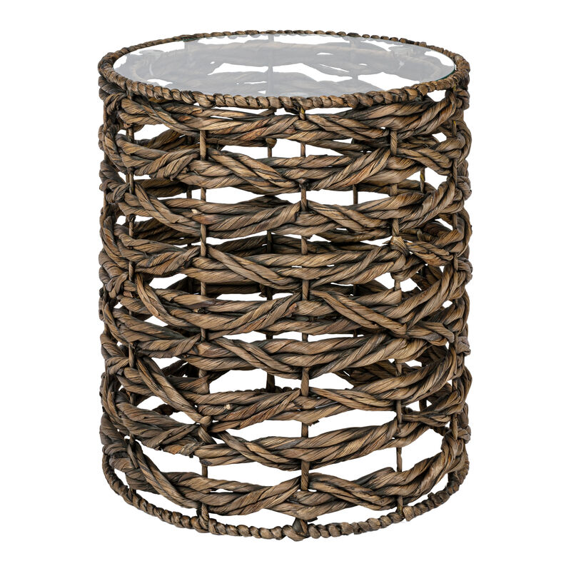 Malaya Bohemian Coastal Handwoven Water Hyacinth Open Weave Round End Table with Glass Top image number 0