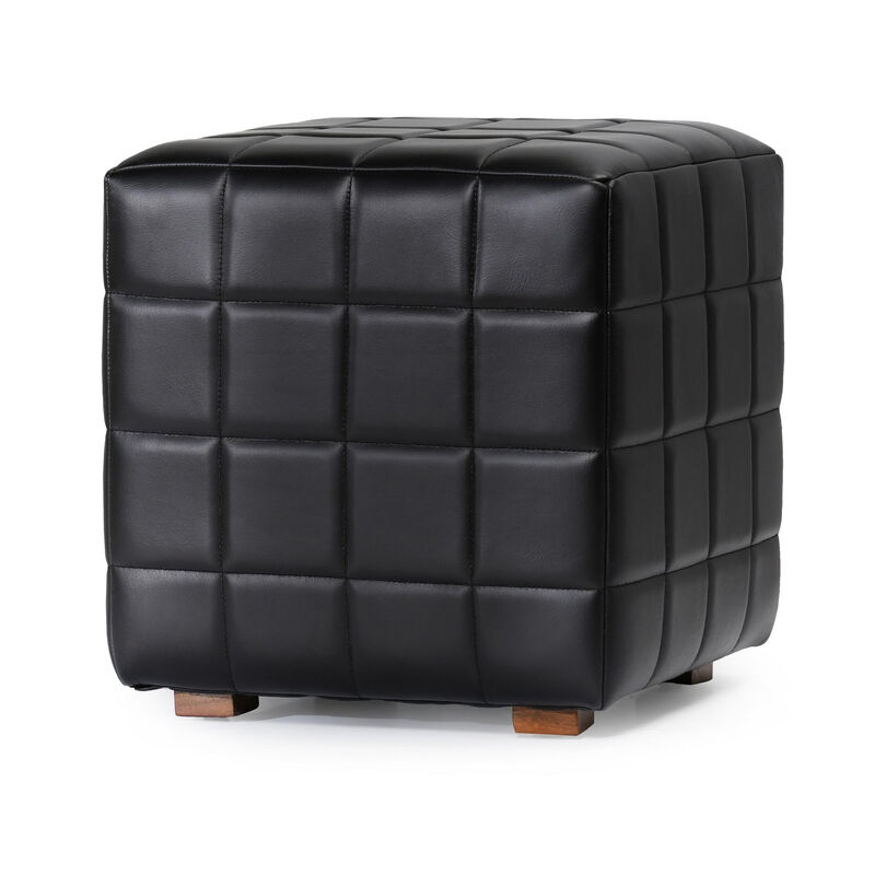 Isar Square Ottoman with Black Tufted Leather, Mango Wood 18 Inch - Benzara