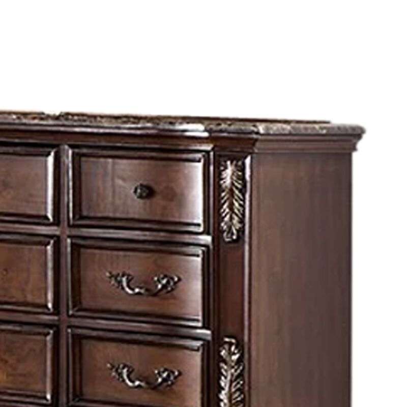 Prio Wide Dresser, 11 Drawers, Marble Top, Carved Cherry Brown Wood