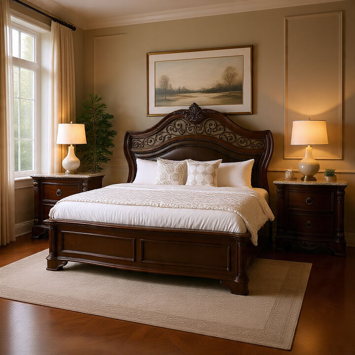 Queen Bedroom Set in Brown Cherry & Gold Wood &ndash; 2 Piece Set with Nightstand