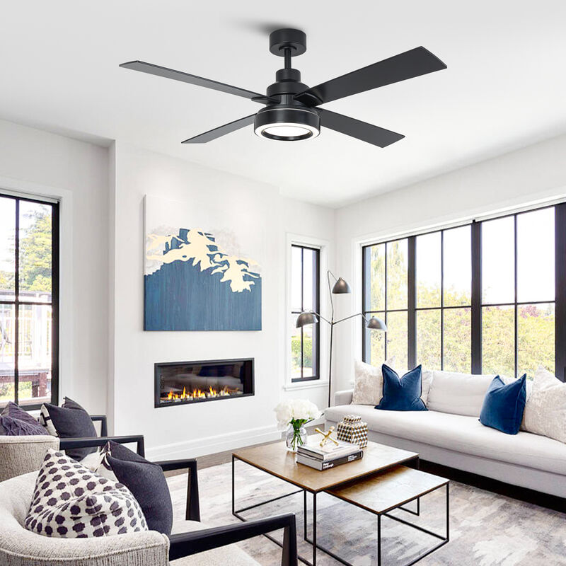 52" Modern Black Reversible 4-Blade Ceiling Fan with Light and Remote