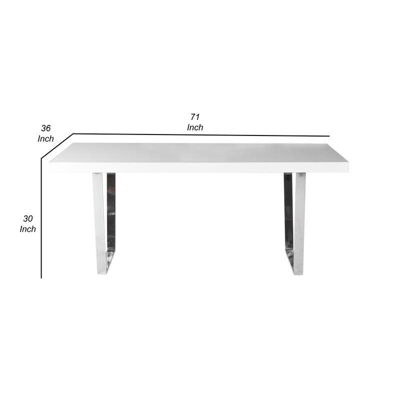 Ien 71 Inch Dining Table, Rectangular Top, Open Metal Panel, White Lacquer