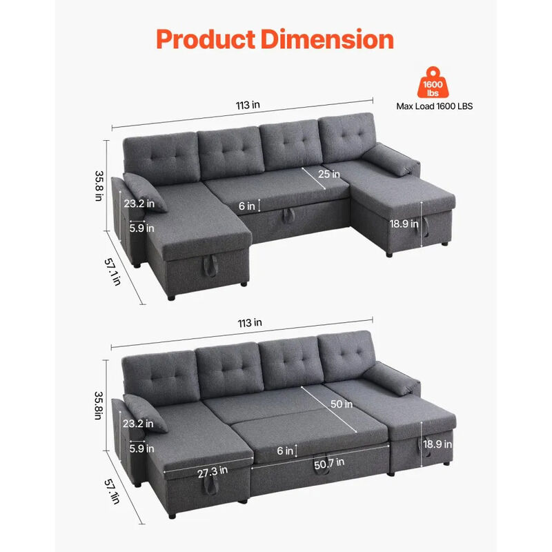 U-Shaped Convertible Sofa Bed with Double Chaise, Storage and Pull-Out Sleeper